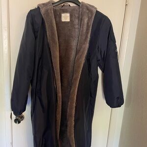 Long Navy Hooded parka with Taupe Faux Fur Lining